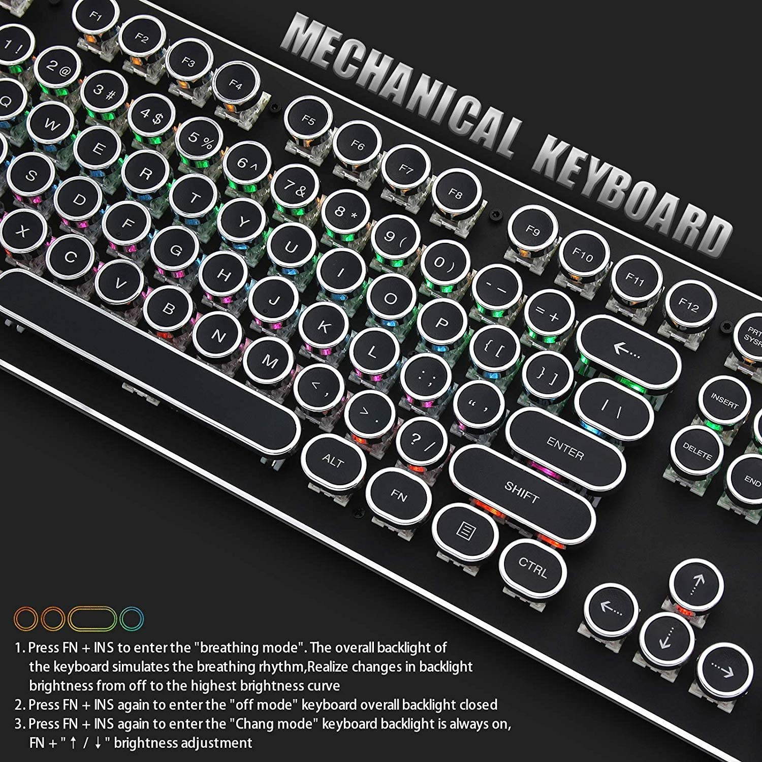 USB LED Backlit Retro Typewriter Mechanical Keyboard -Blue Switch - Round Keycaps -104 Keys Vintage Inspired Steampunk Gaming Keyboard Mechanical Gaming Keyboard for PC/Mac/Gamer/Typ