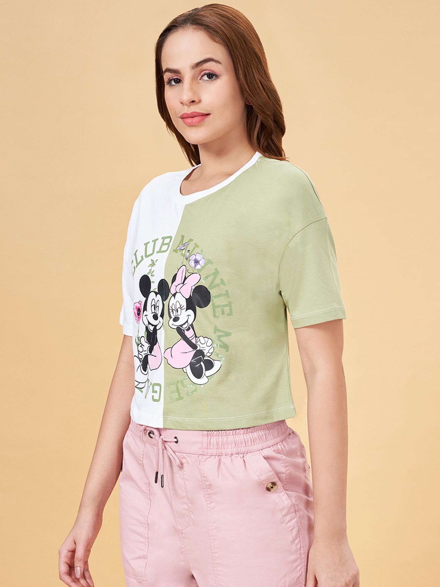Honey by Pantaloons White & Green Cotton Printed Crop T-Shirt