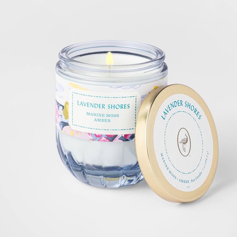 7oz Lidded Blue Ribbed Based Glass Jar Lavender Shores Candle - Opalhouse™