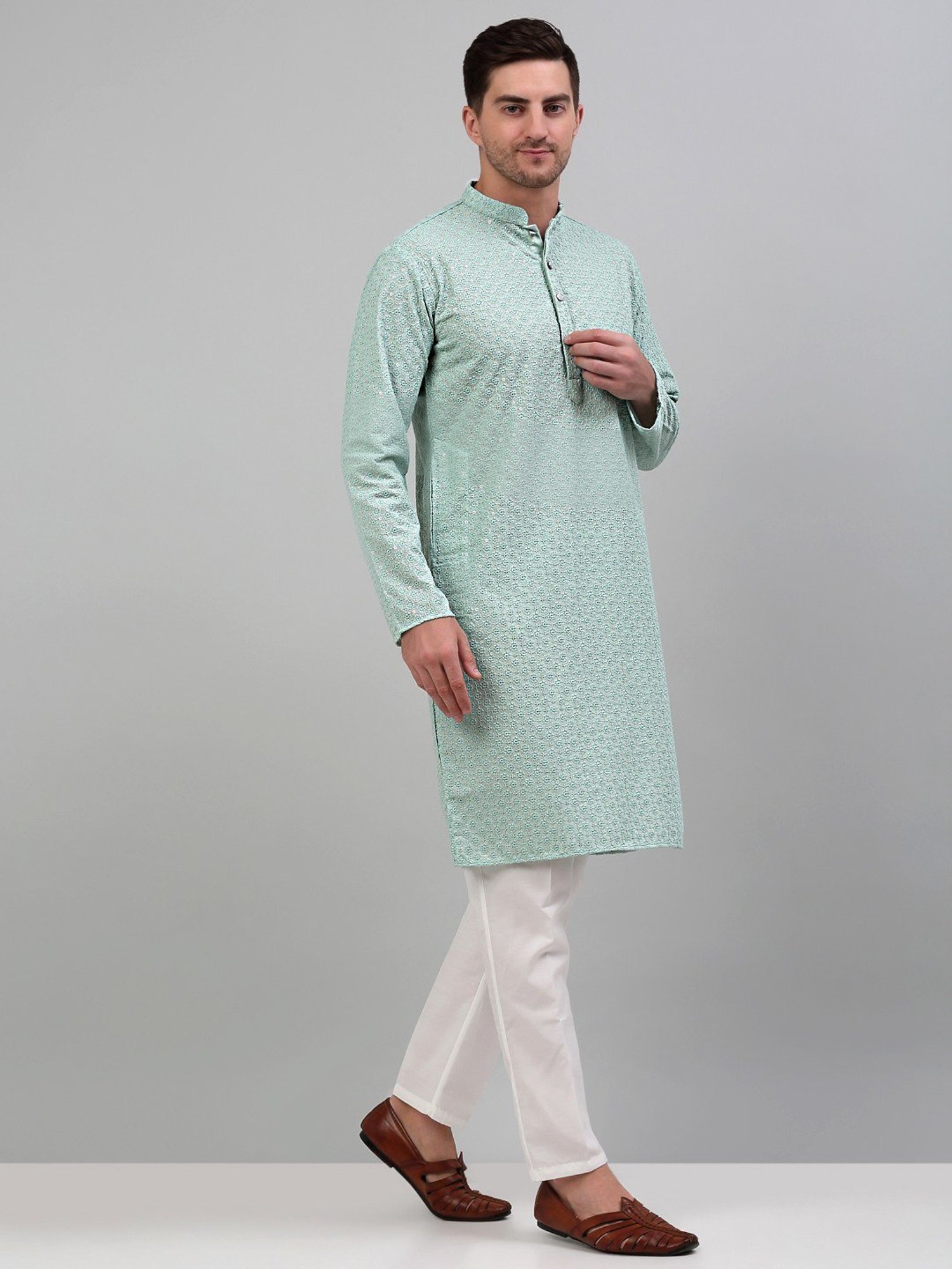 Jompers Green & White Cotton Regular Fit Embroidered Kurta Bottom Set