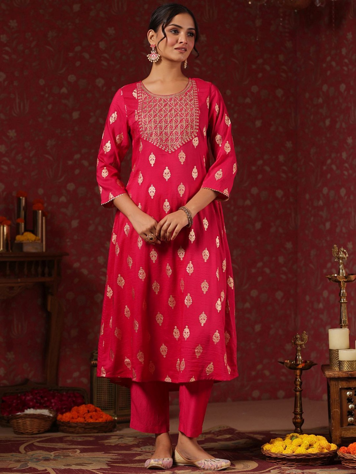 Ishin Pink Embroidered Kurta Pant Set With Dupatta
