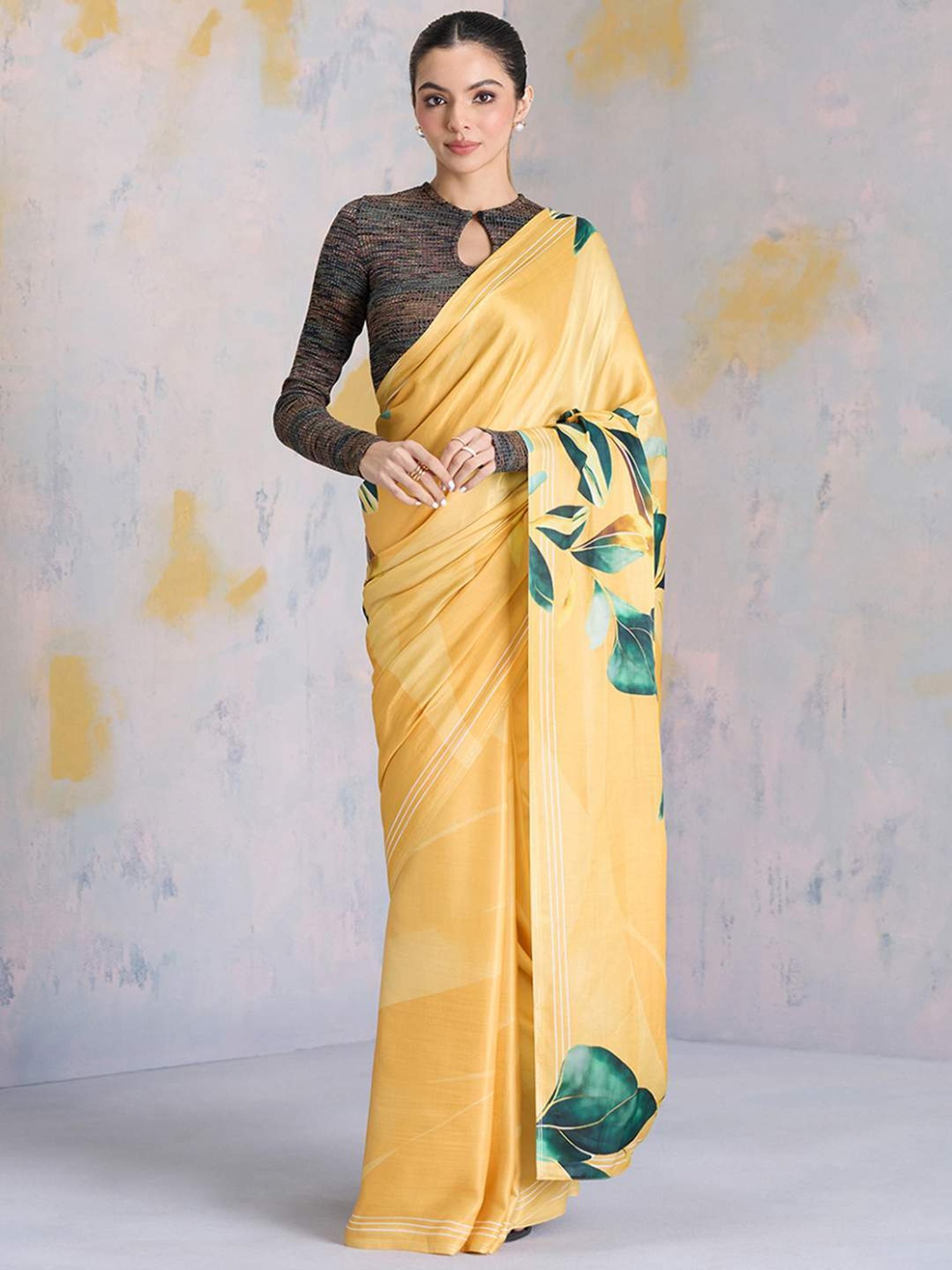 navyasa by liva Beige Printed Saree With Unstitched Blouse