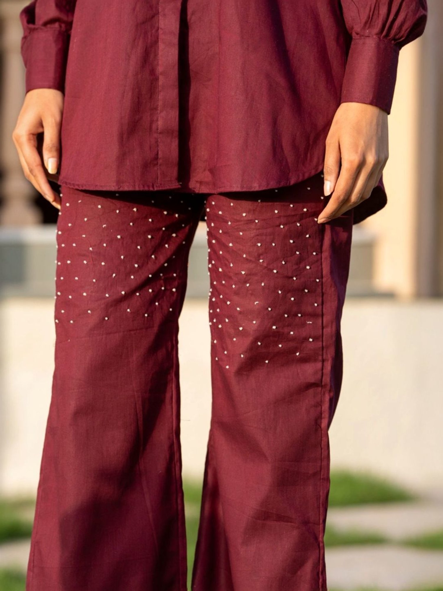 HOUSE OF JAMOTI Maroon Cotton Embellished Tunic Palazzo Set