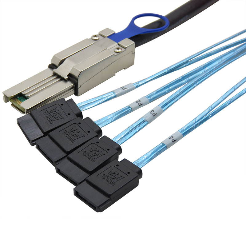 CableDeconn SFF-8088 TO 4 SATA 7Pin Mini SAS 26P TO 4SATA cable with latch Black Cable 2m