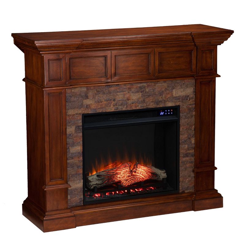 Southern Enterprises Maison Touch Panel Electric Convertible Fireplace with Faux Stone Buckeye Oak