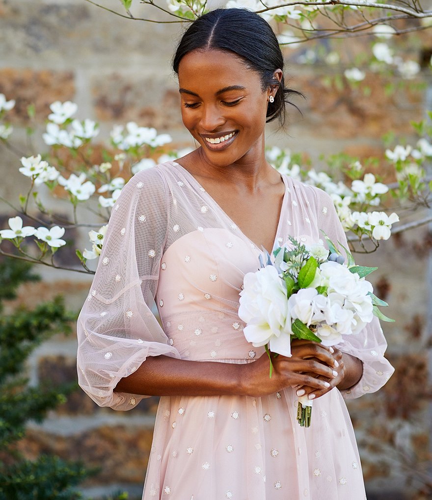 Adrianna Papell V-Neck 3/4 Sleeve Metallic Dot Faux Wrap Midi Dress