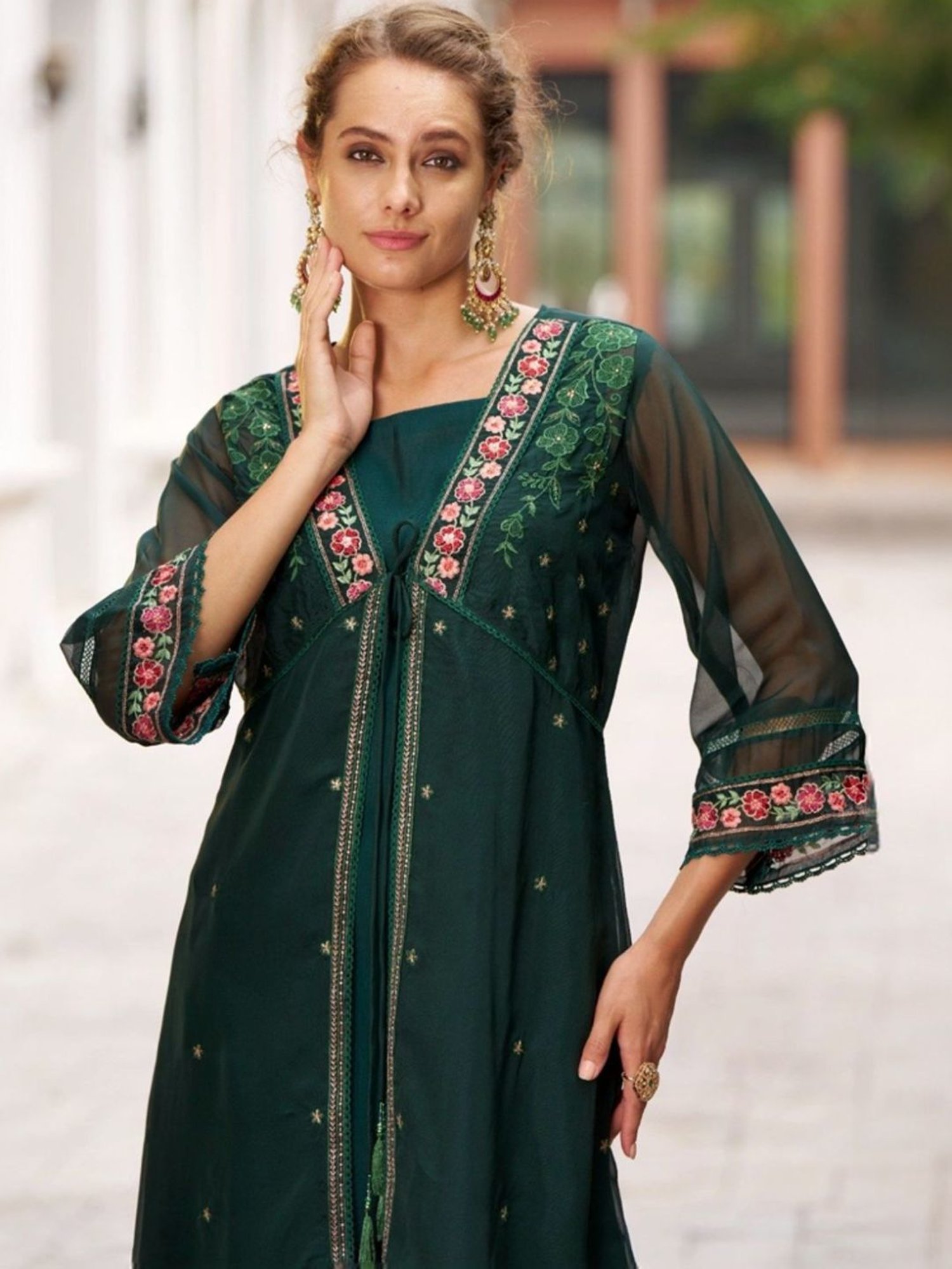 Autumnlane Green Sireesha Forest Embroidery Designer Organza Jacket Set