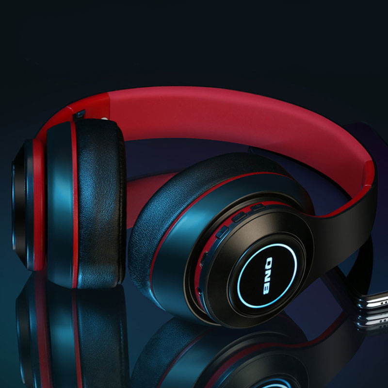 Wireless Bluetooth Headphones With Microphone and LED Light Foldable Stereo Noise Cancelling Wired and Wireless Switchable Headset For PC/iphone/Mp3/ipad Black red