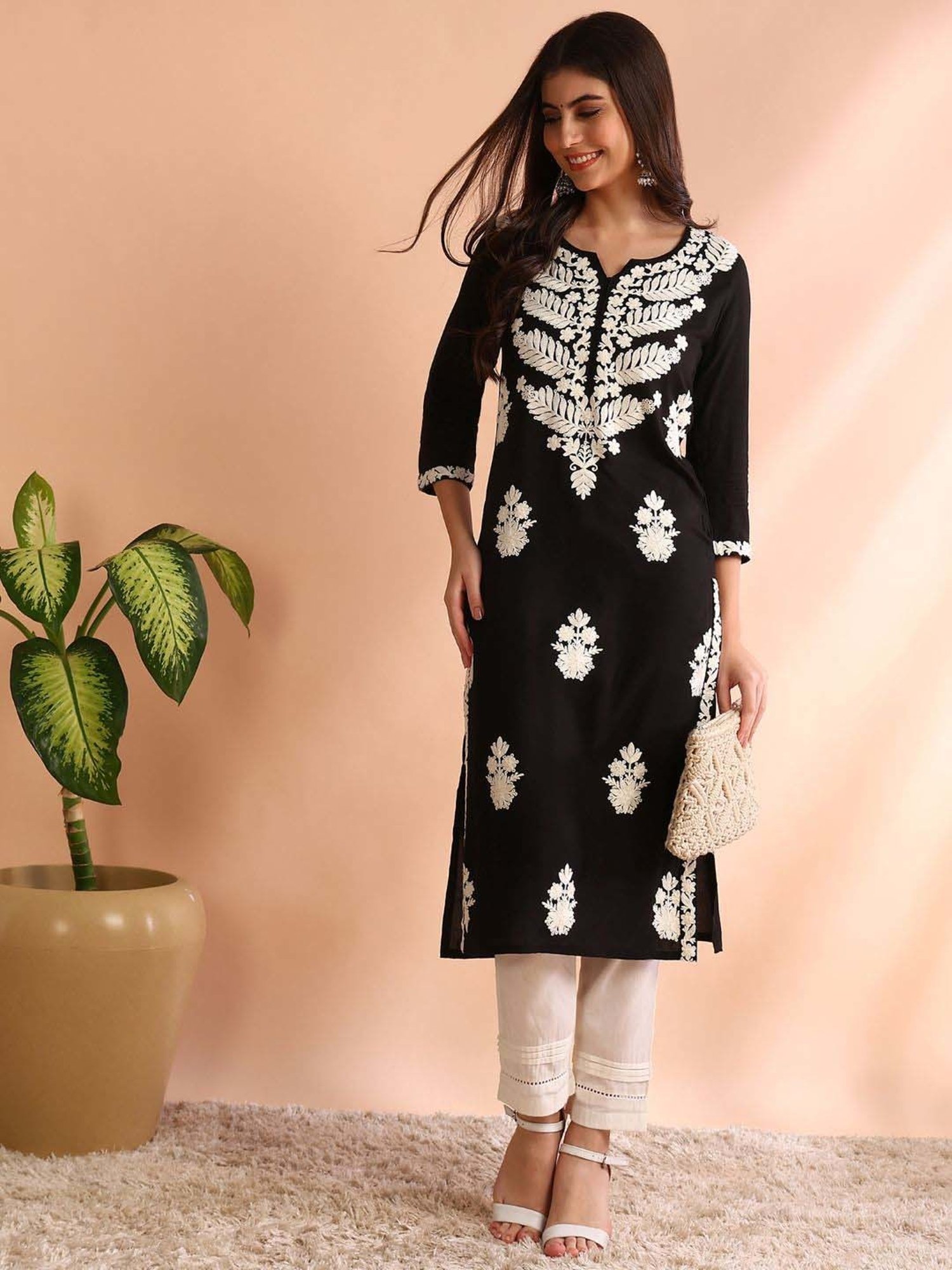 Saffron Threads Black Printed Straight Kurta