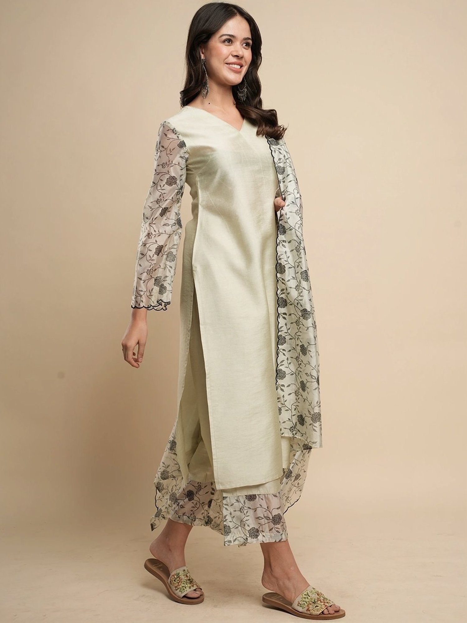 Heeposh Beige Printed Kurta Pant Set With Dupatta