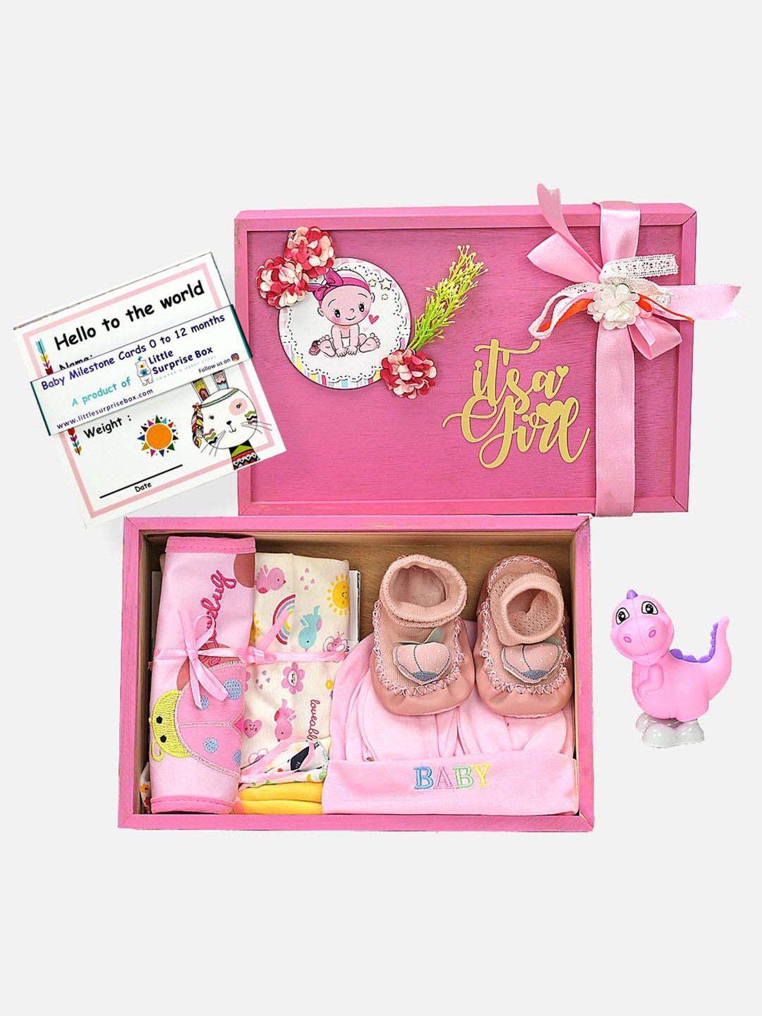 Little Surprise Box Kids Pink & White Cotton Printed Full Sleeves Gift Set