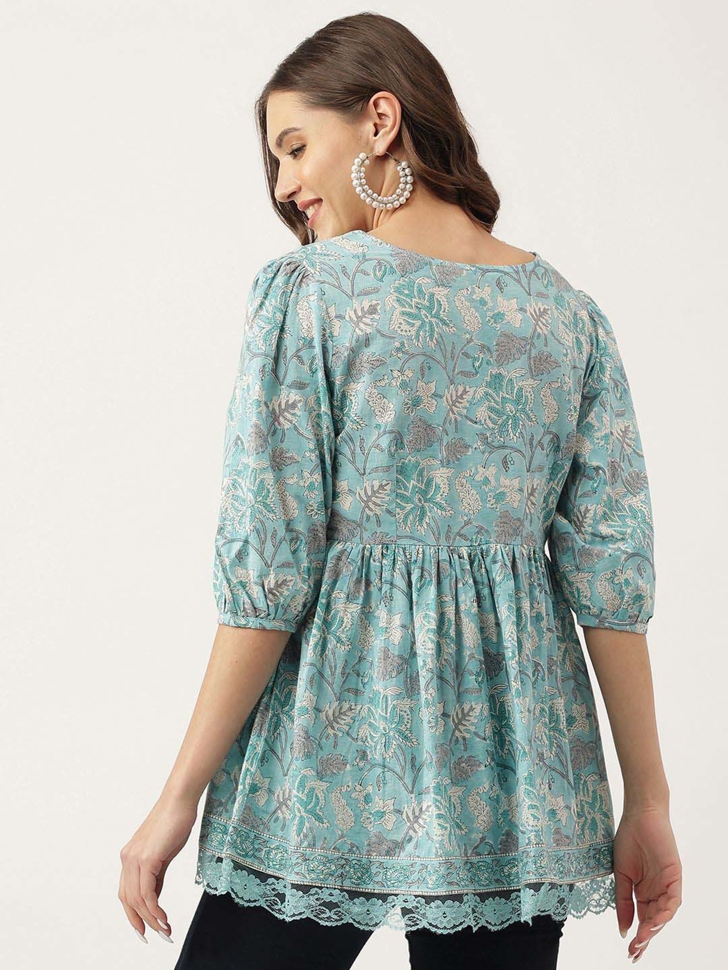 Divena Sky Blue Cotton Floral Print Top