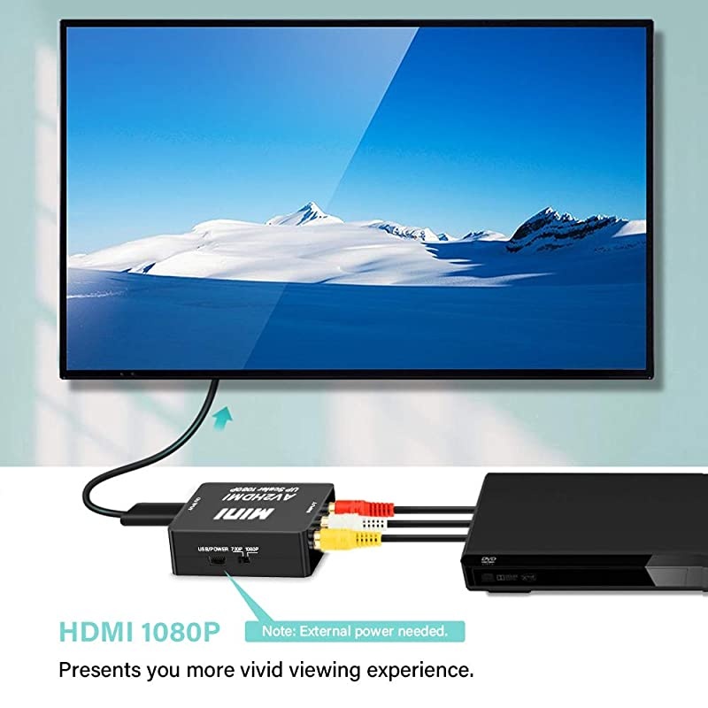 RCA to HDMI Converter 1080P Mini CVBS to HDMI Composite Video Audio Converter AV to HDMI Converter Supports NTSC PC Laptop Xbox PS4 PS3 TV STB VHS VCR Camera DVD