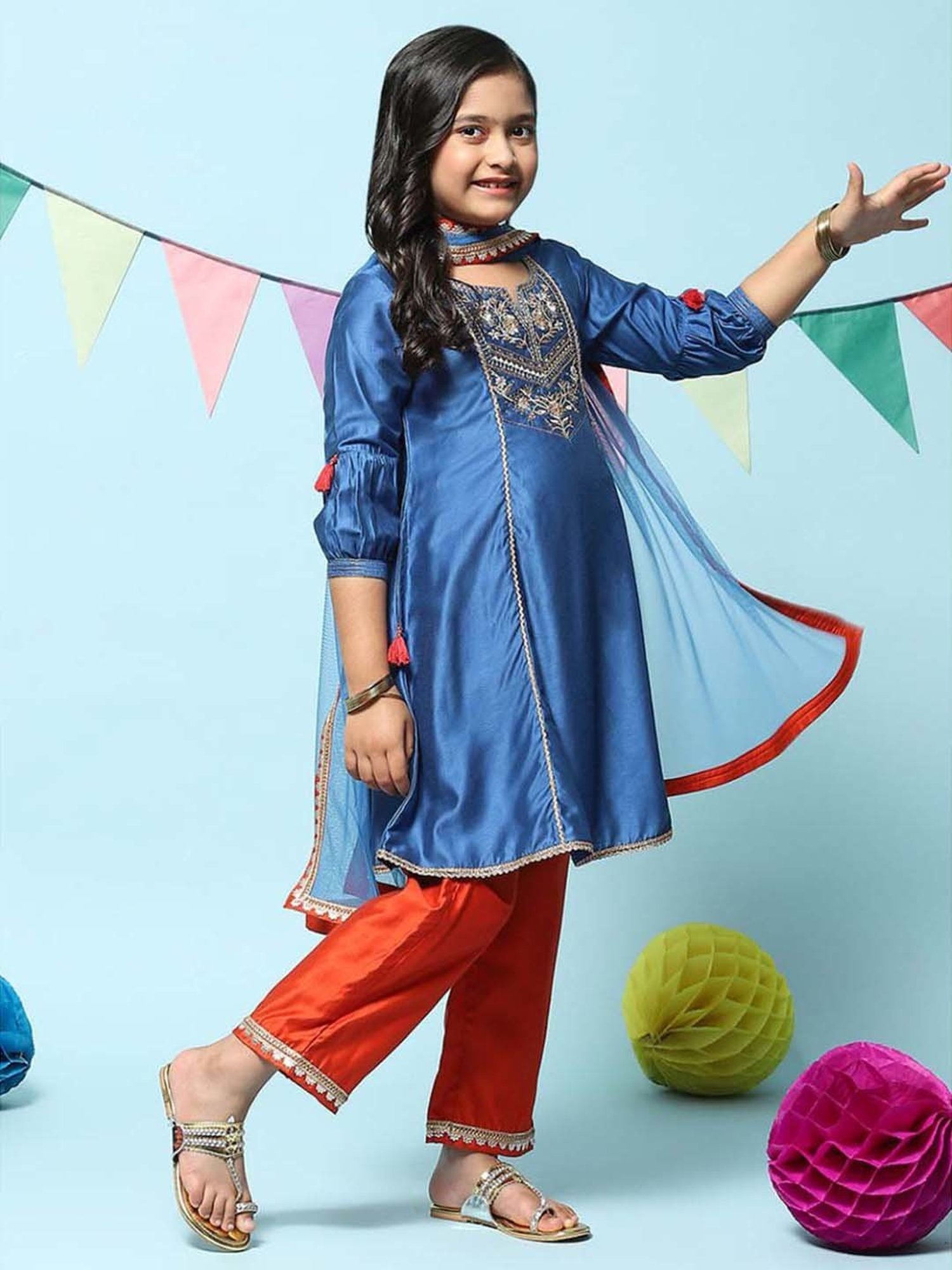 BIBA Girls Kids Blue & Orange Embroidered Kurta Set