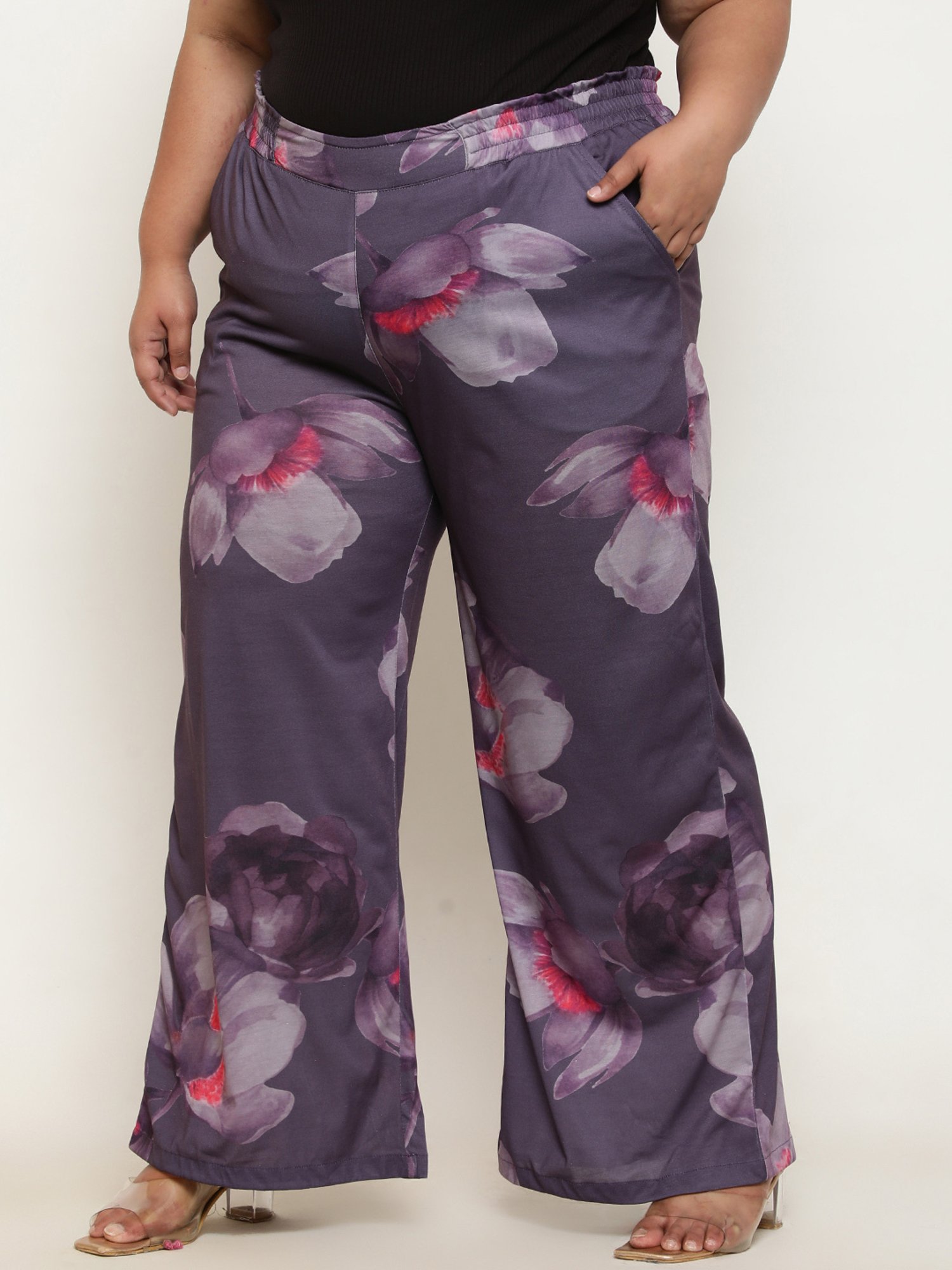 Amydus Purple Printed Flared Fit High Rise Pants