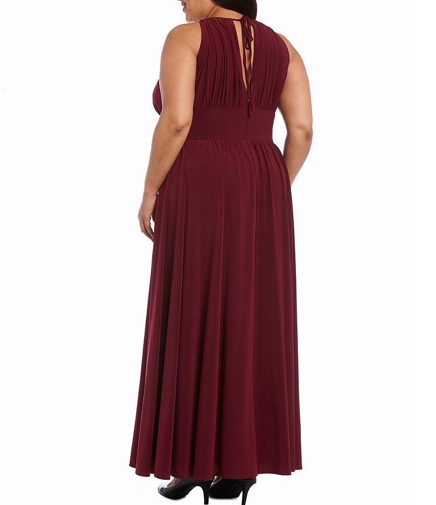 R & M Richards Plus Size Halter Keyhole Neck Sleeveless Beaded Bodice A-Line Gown