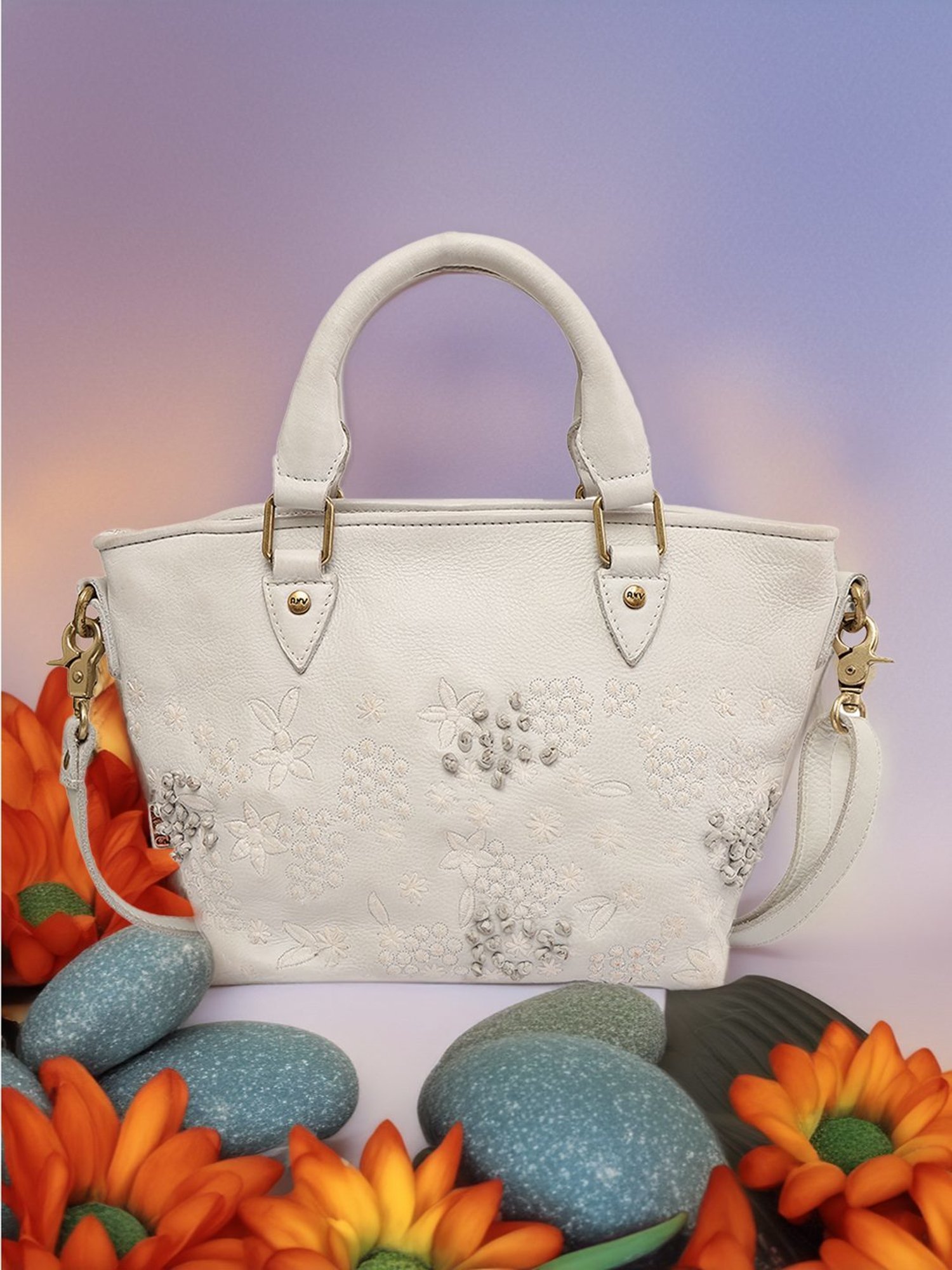 Art N Vintage Floral Bliss White Leather Embroidered Medium Handbag