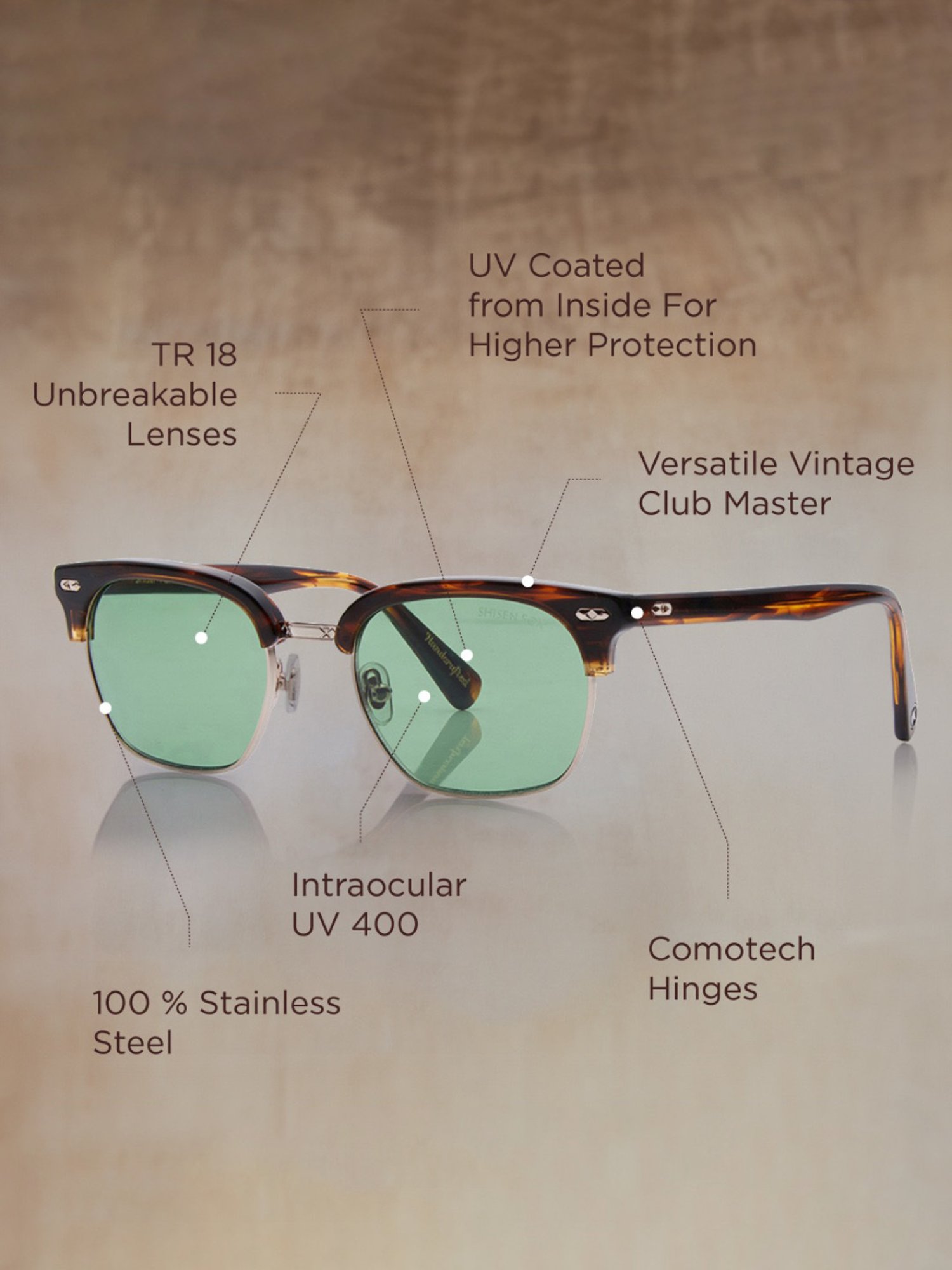 Shisen Fox Kurabu Brown Bamboo Clubmaster Unisex UV Protection Sunglasses -53 mm