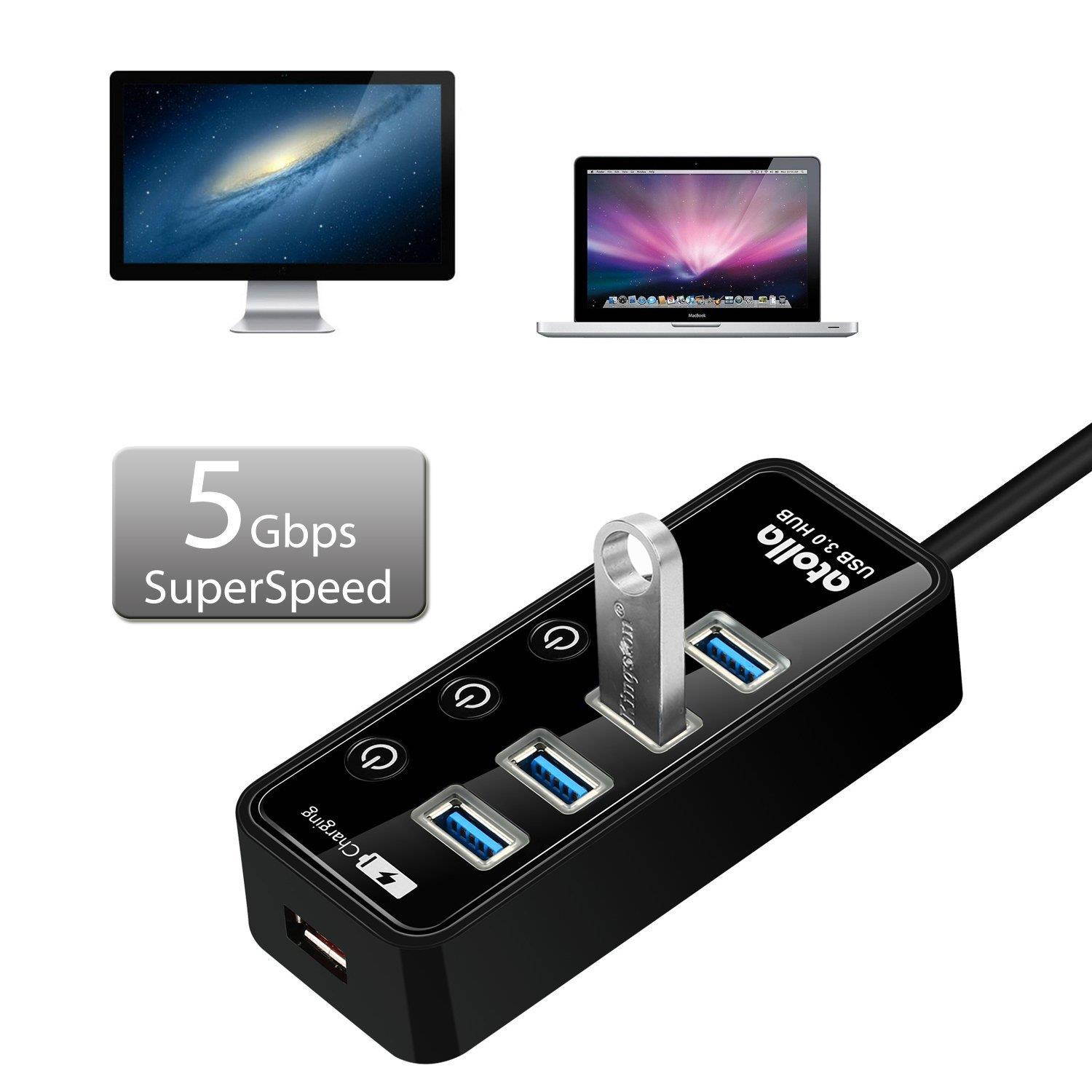 Powered USB Hub, atolla USB 3.0 Hub 4 + 1 Data Transfer and Charging Multiport with 15W (5V/3A) Power Supply Adapter and 3.3ft Meter USB 3 Extension Cable