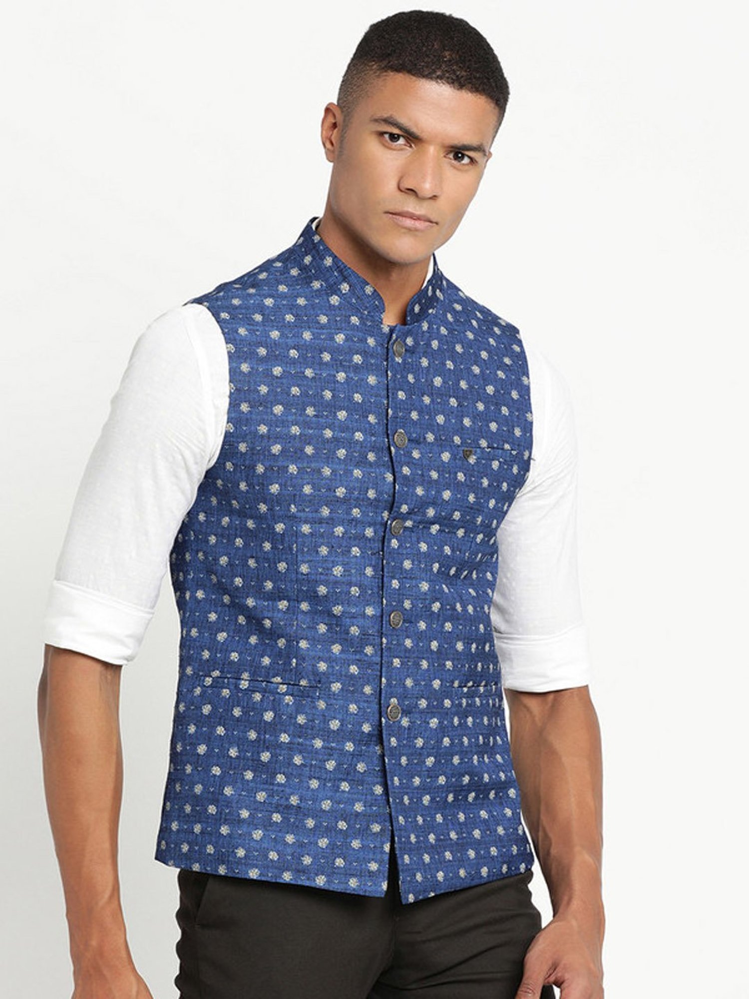 Turtle Blue Slim Fit Printed Nehru Jacket