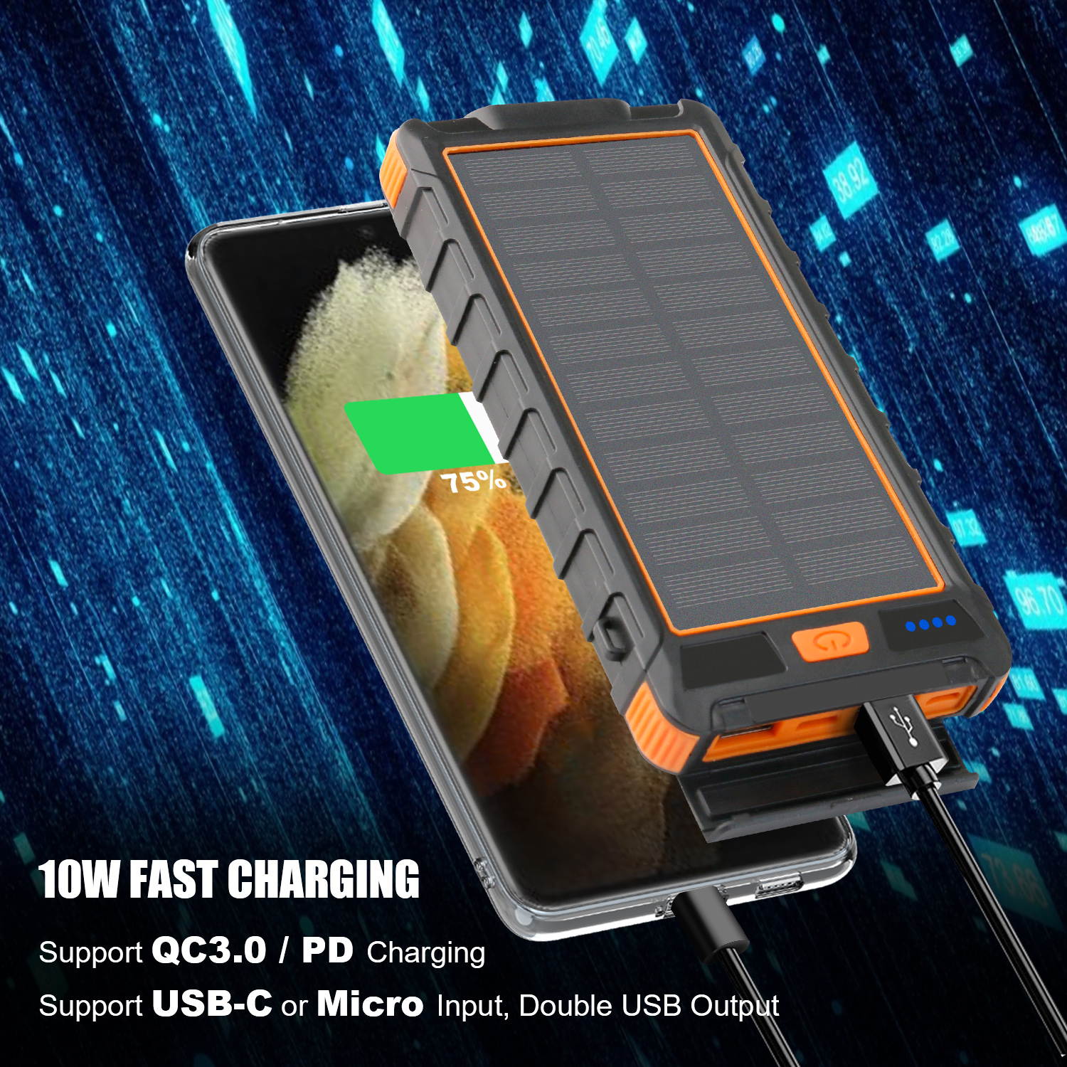 Donwell LED Light Digital Display Solar Wireless Charger High Capacity 10000mA Fast Charging Mobile Power Supply Portable Power Bank for iPhone/iPad/iPod/Samsung ,and more