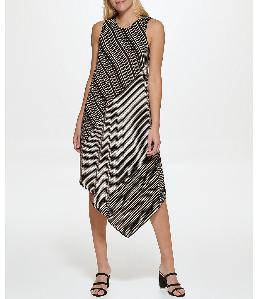Donna Karan Blocked Stripe Mix Asymmetric Hem Jewel Neck Sleeveless Midi Dress