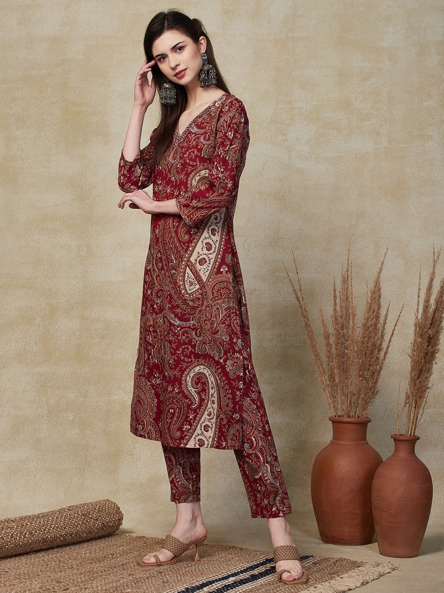 Fashor Maroon Cotton Printed Kurta Pant Set