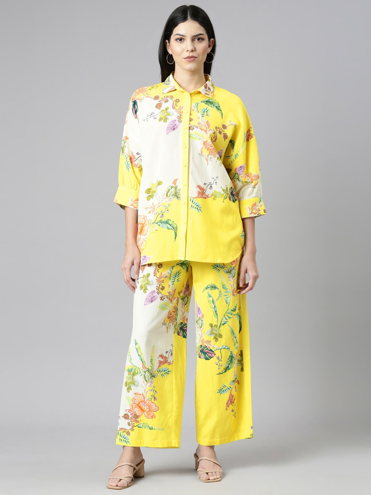 Zolo Label Yellow Floral Print Shirt Pant Set