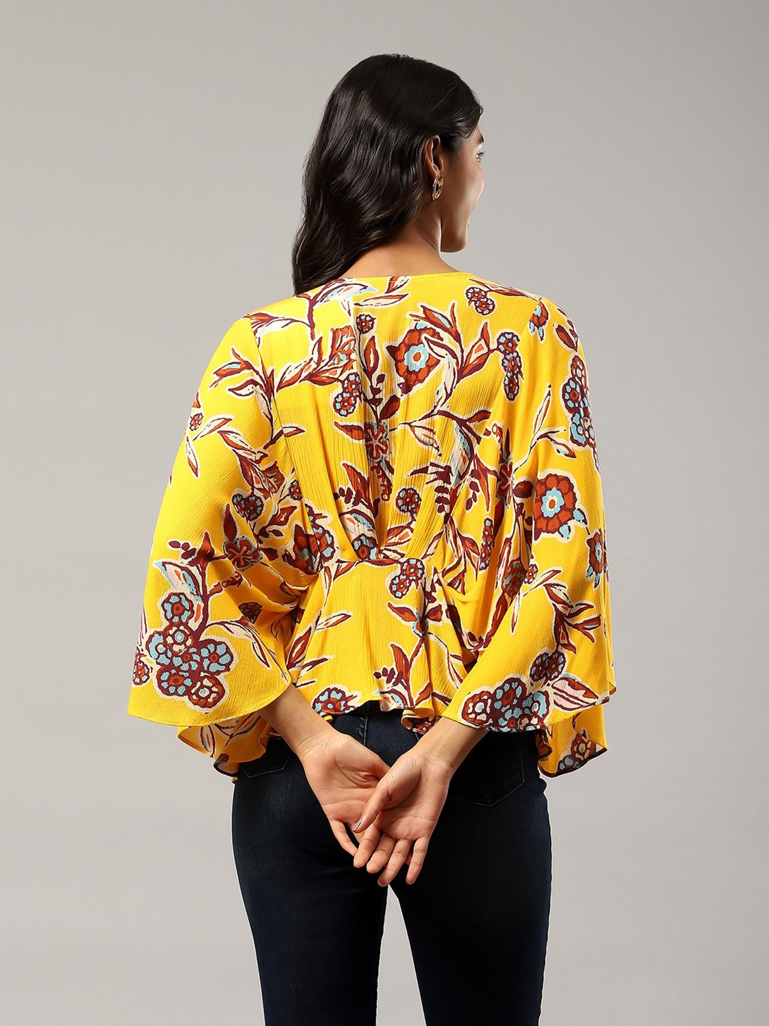 Label Ritu Kumar Yellow & Brown Floral Print Top