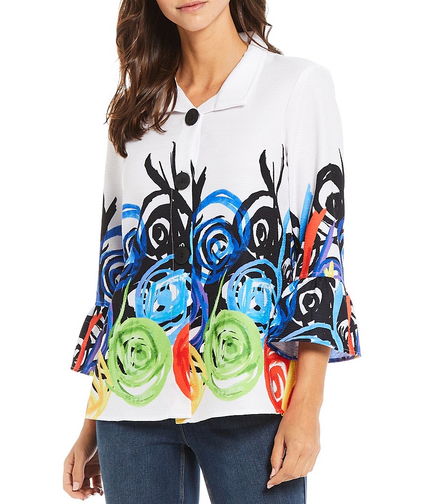 Ali Miles Petite Size Swirl Print Ruffle Sleeve Jacket
