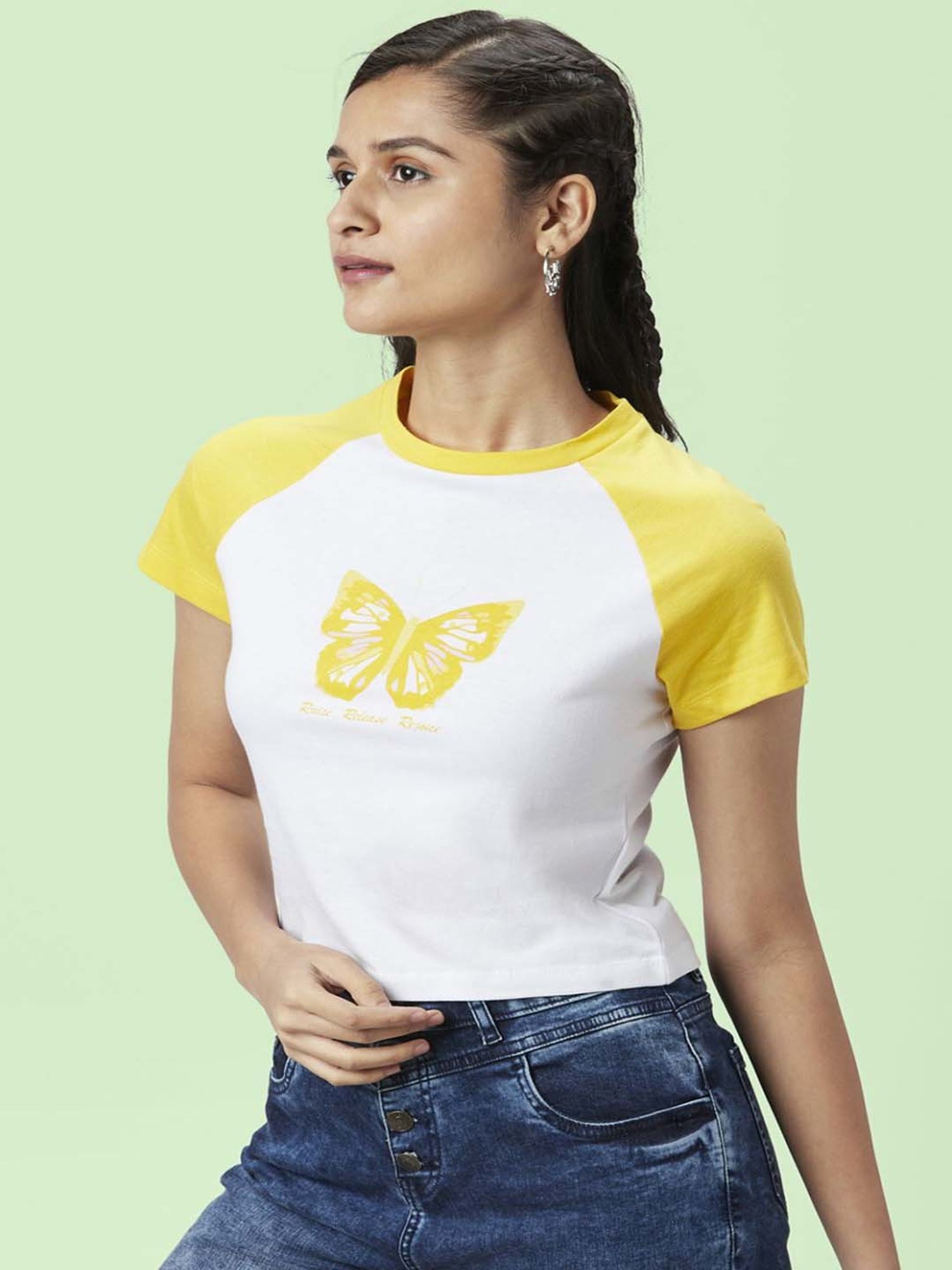 People by Pantaloons White Cotton Printed Crop T-Shirt