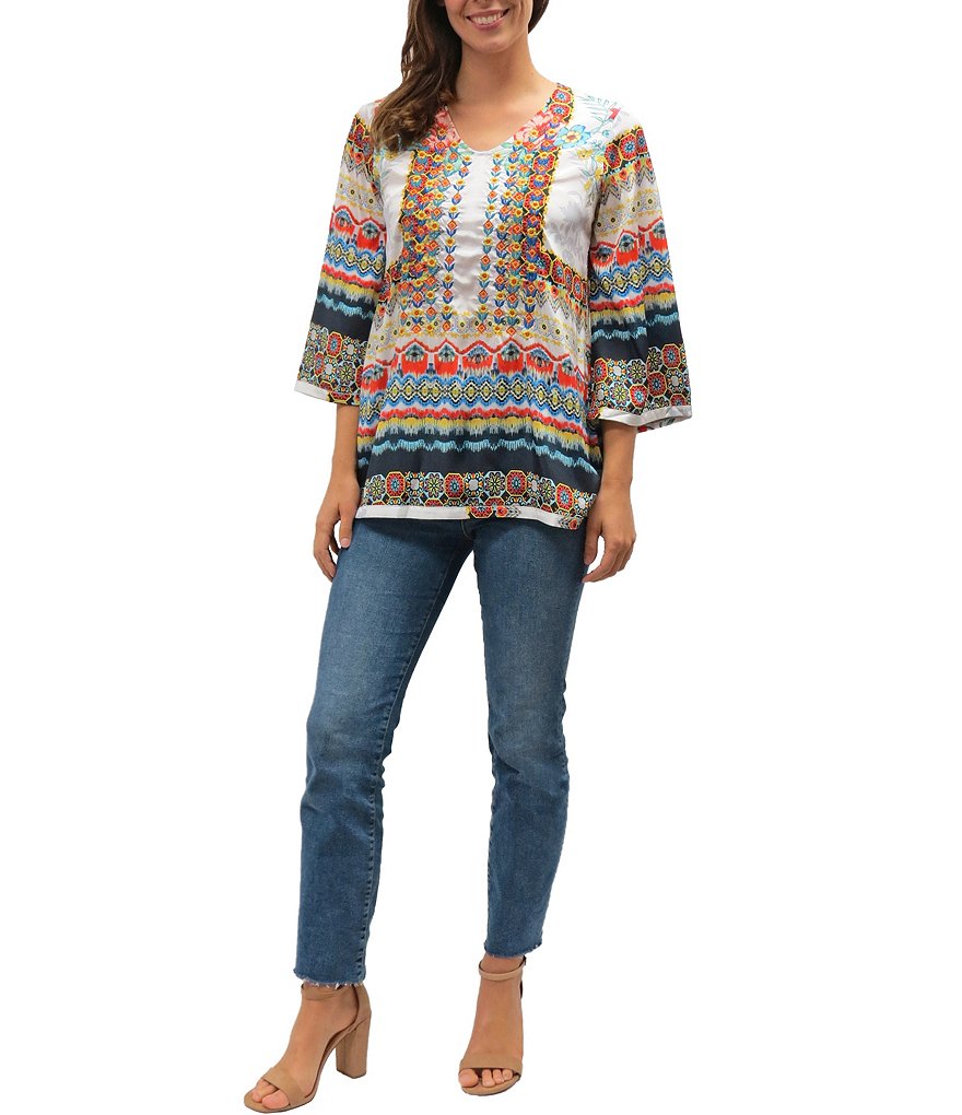 Karyn Seo Aida Vintage-Inspired 3/4 Sleeve Embroidery Printed Box Top