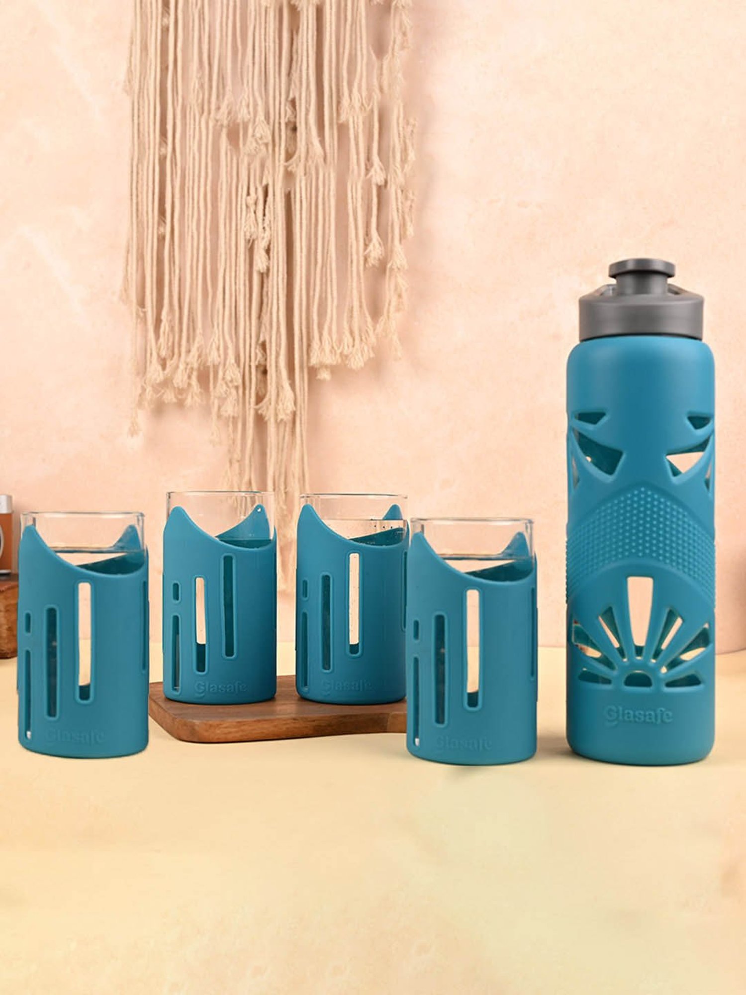 Glasafe Tranquil Teal Borosilicate Bottle with 4 Drinking Glasses