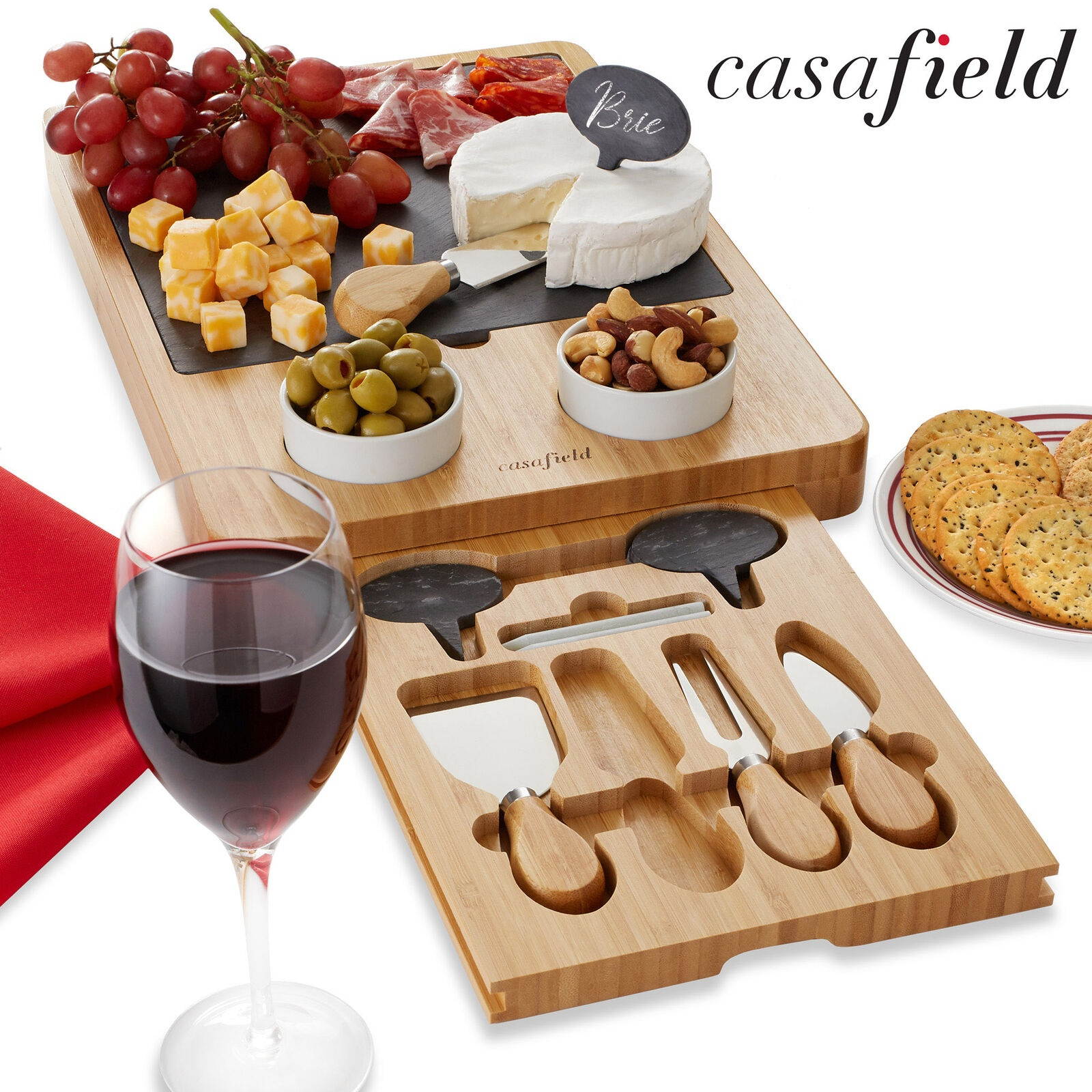 Bamboo Charcuterie Cheese Board Gift Set with Slate Tray, 4 Knives, 2 Dip Bowls