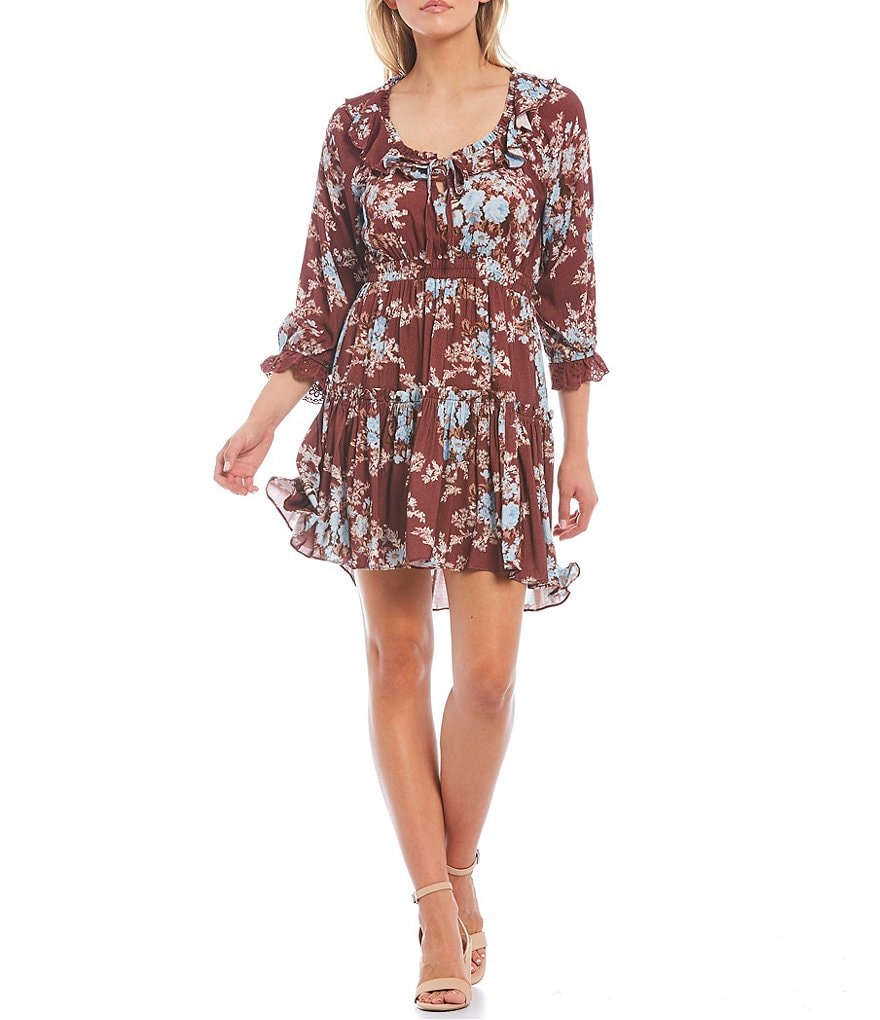Shabby Chic Floral Print Winnie 3/4 Sleeve Split Neck Blouson Dress