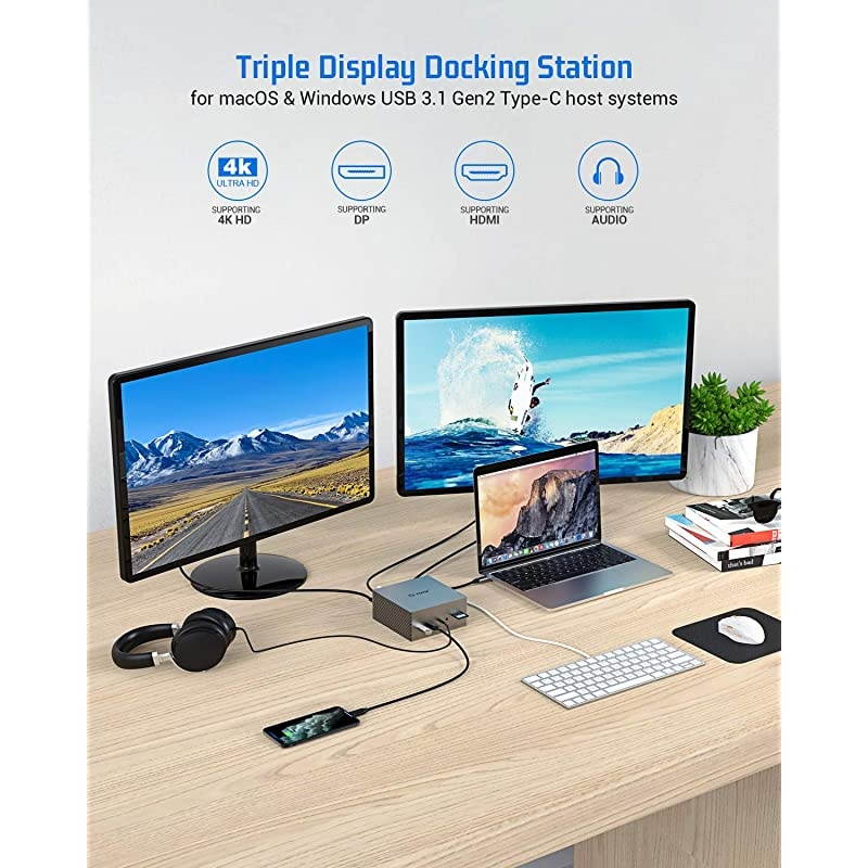 Upgraded Universal USB-C 4K Triple Display Docking Station with Charging Support for MacBook Pro Air & Windows Type C Systems (2 4K DP, 4K HDMI, 6 USB Ports, USB PD),Extended Display for macOS