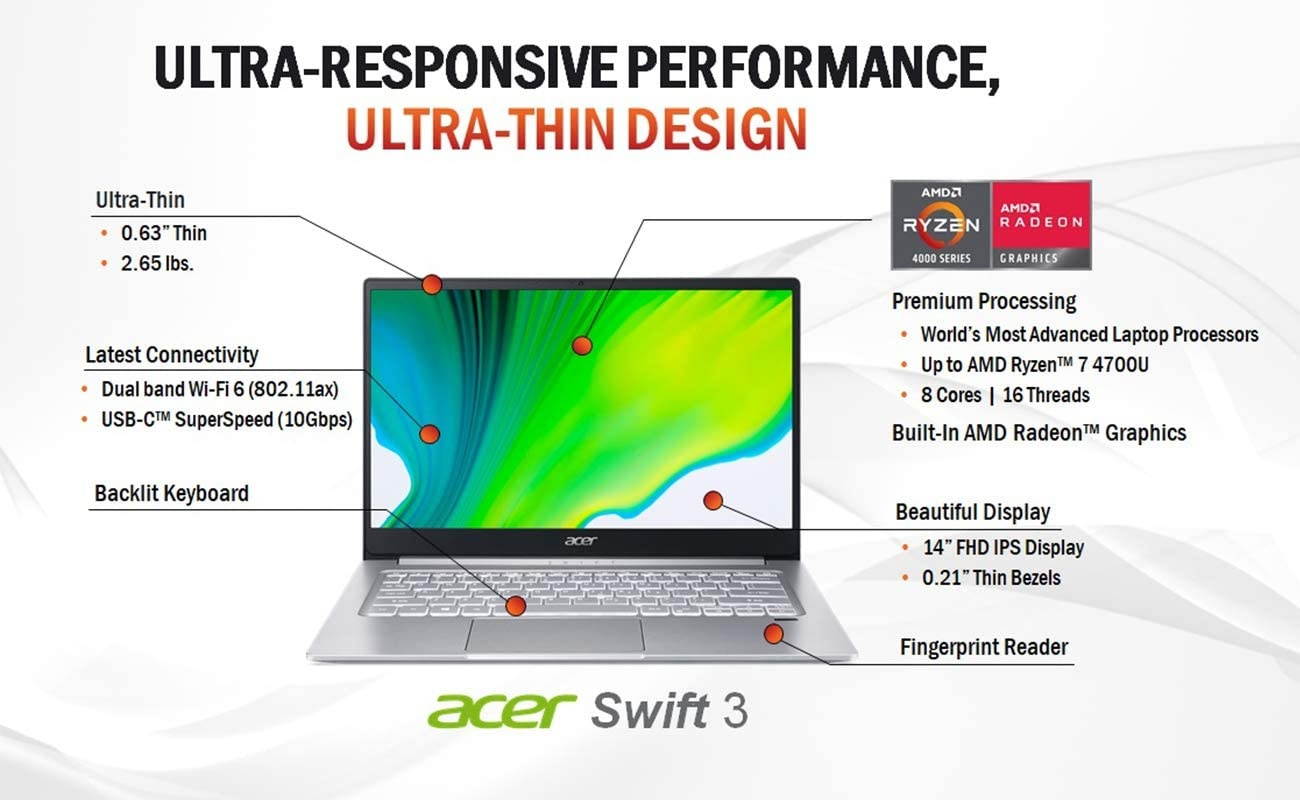 Acer Swift 3 Thin & Light Laptop, 14" Full HD IPS, AMD Ryzen 7 4700U Octa-Core Processor with Radeon Graphics, 8GB LPDDR4, 512GB NVMe SSD, WiFi 6, Backlit Keyboard, Fingerprint Reader, SF314-42-R9YN