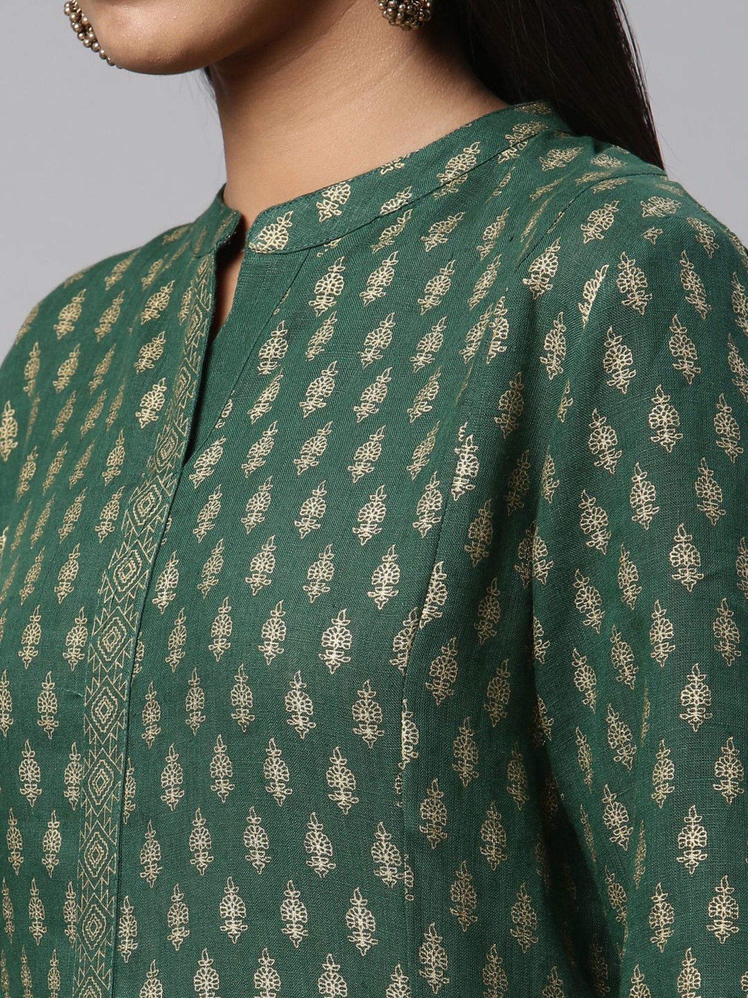 Linen Club Woman Green Linen Printed A Line Kurta