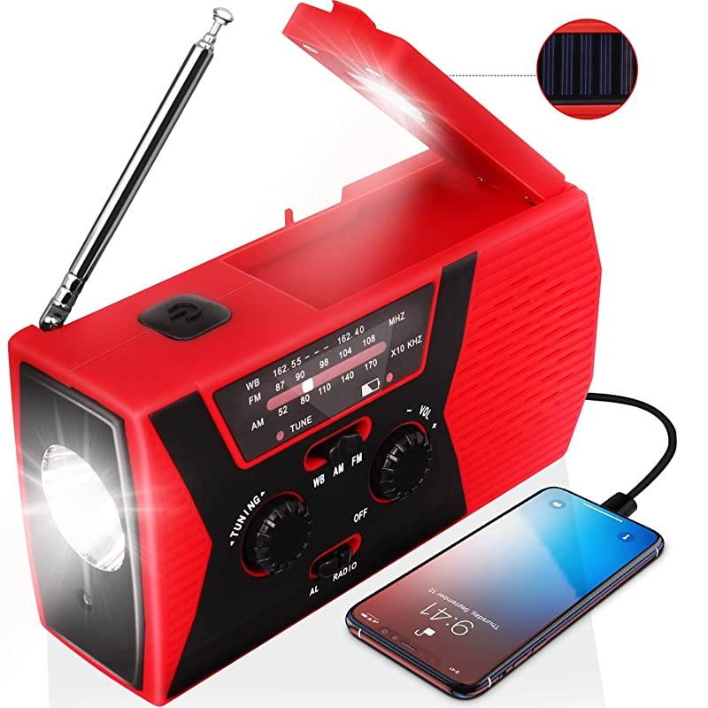 2020 Upgraded Emergency Solar Hand Crank Radio,  Hand Crank AM/FM/NOAA Weather Radio with Flashlight, Reading Lamp, 2000mAh Power Bank,USB Cell Phone Charger and SOS Alarm