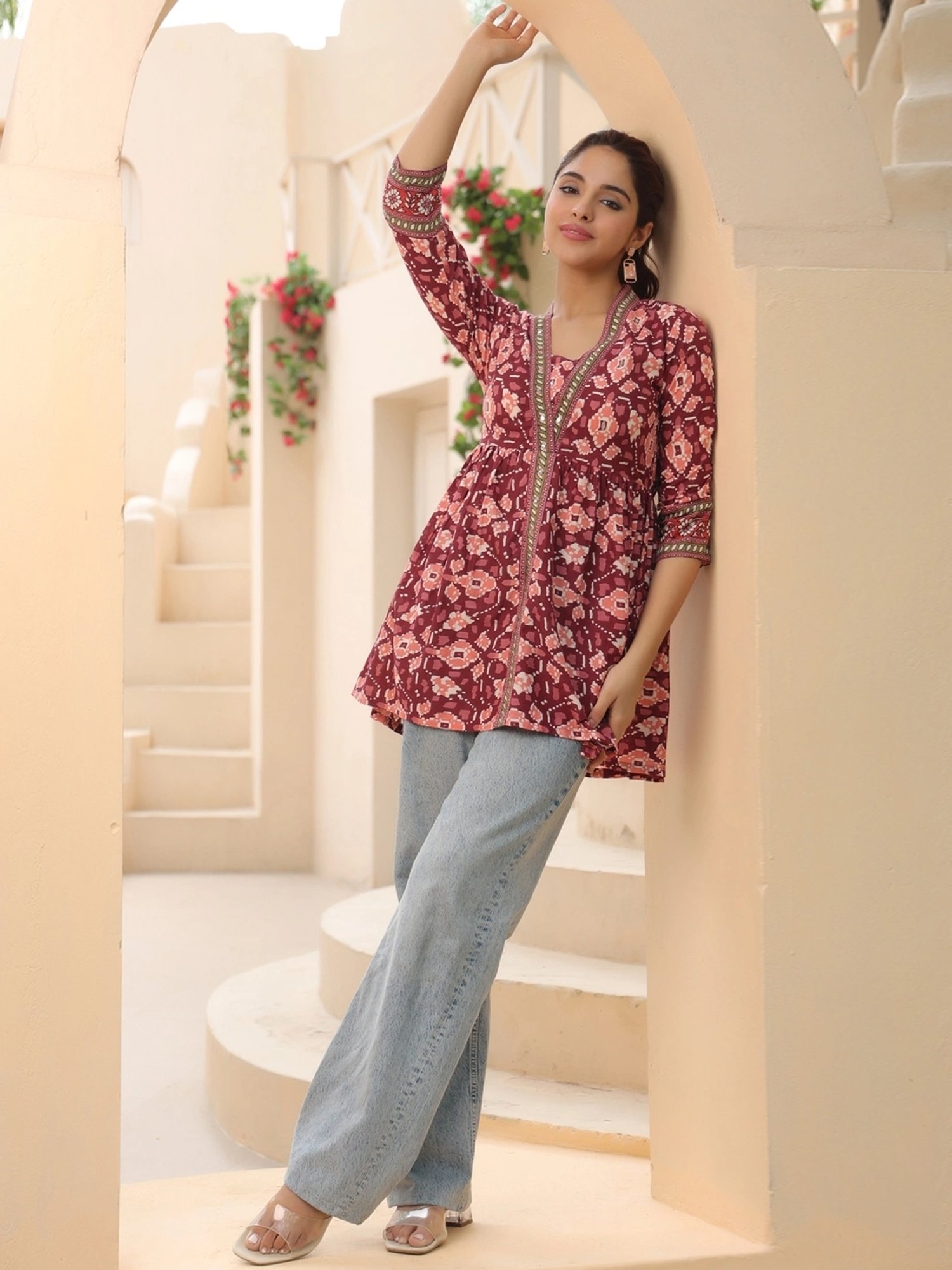 Rain and Rainbow Maroon Cotton Printed Top