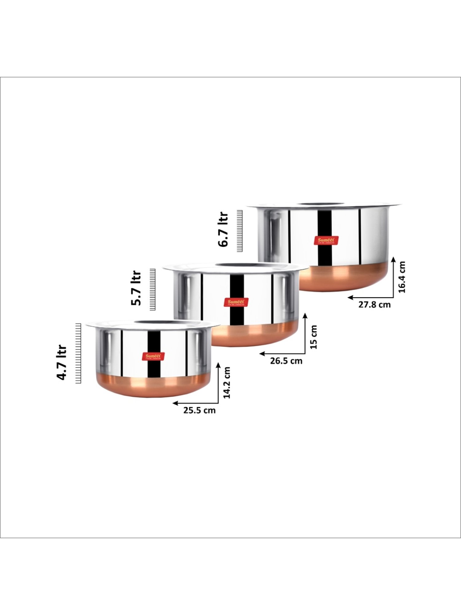 Sumeet Stainless Steel Copper Bottom 3Pc Big Size Tope Set With Lid  (4.70L, 5.7Ltr, 6.7Ltr)