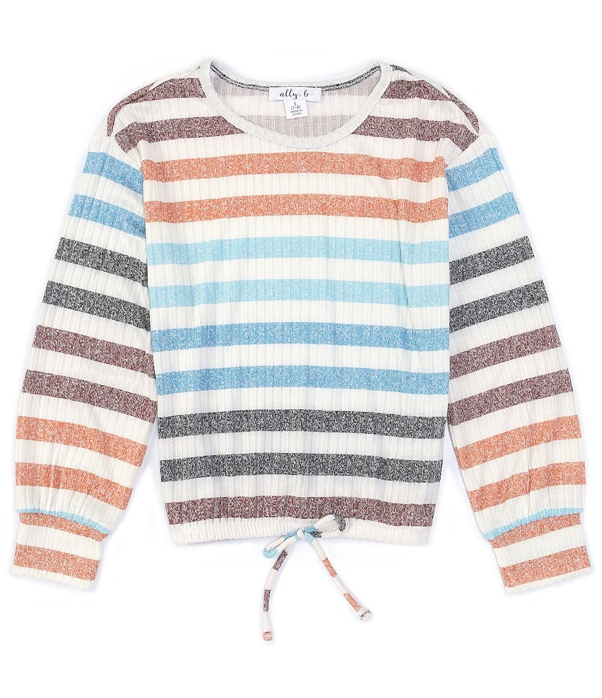 Ally B Big Girls 7-16 Long-Sleeve Waist-Tie Hem Striped Rib Knit Sweater Top