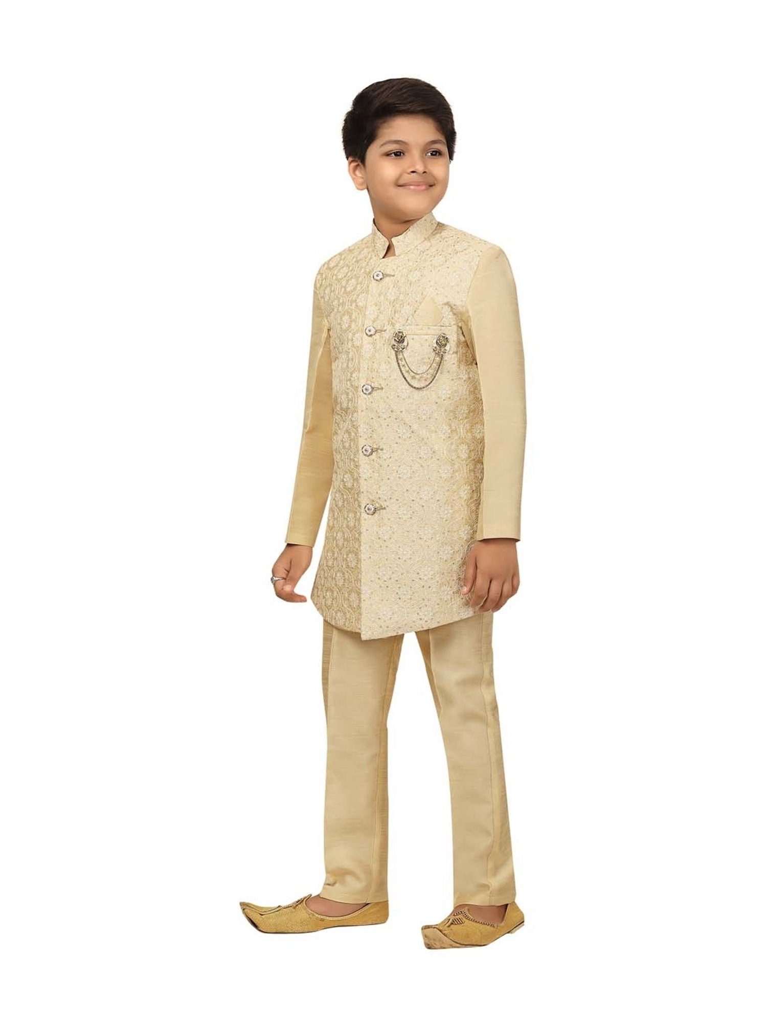 Ahhaaaa Kids Cream Embroidered Sherwani Set