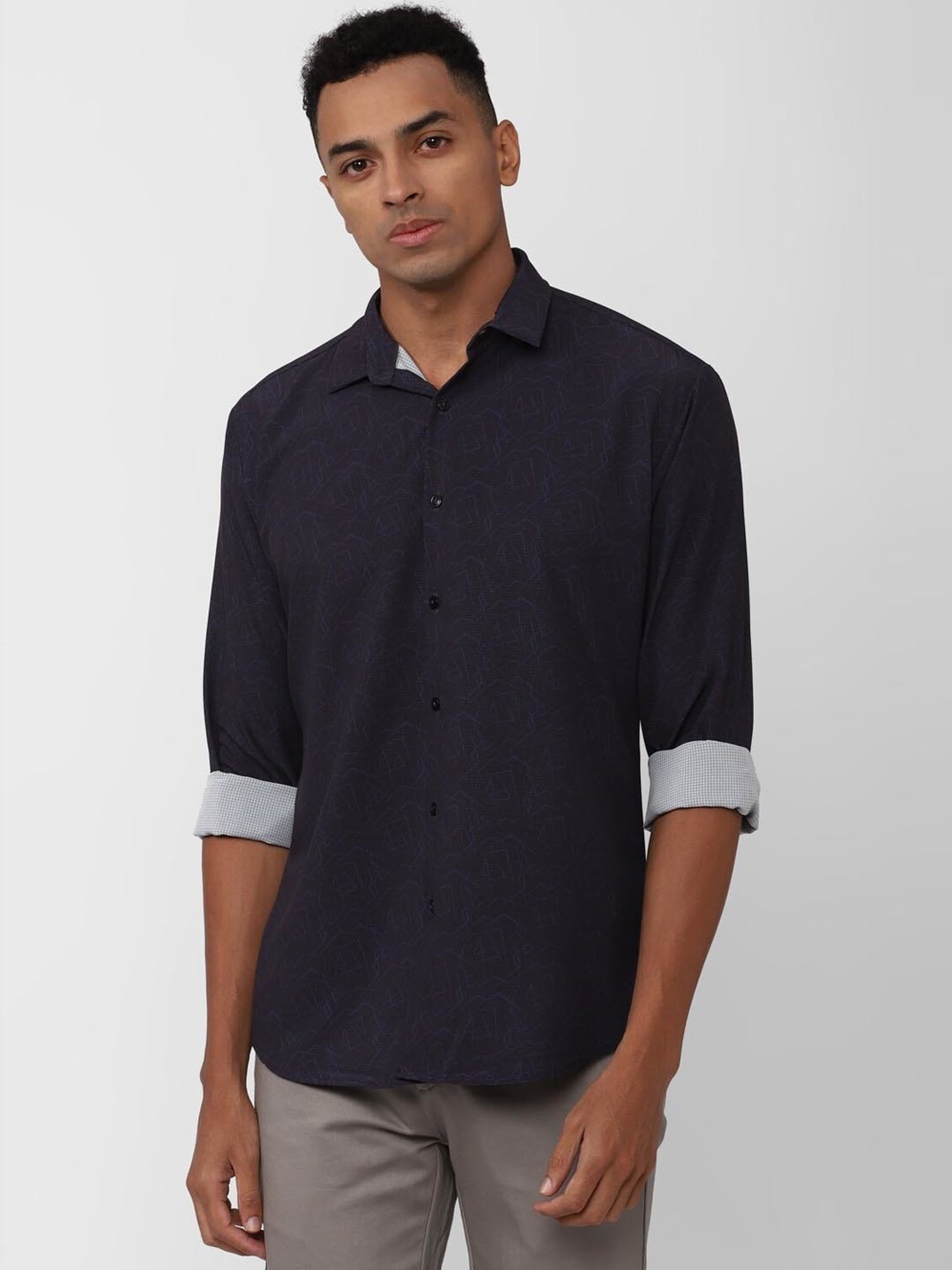 V Dot Navy Slim Fit Printed Shirt