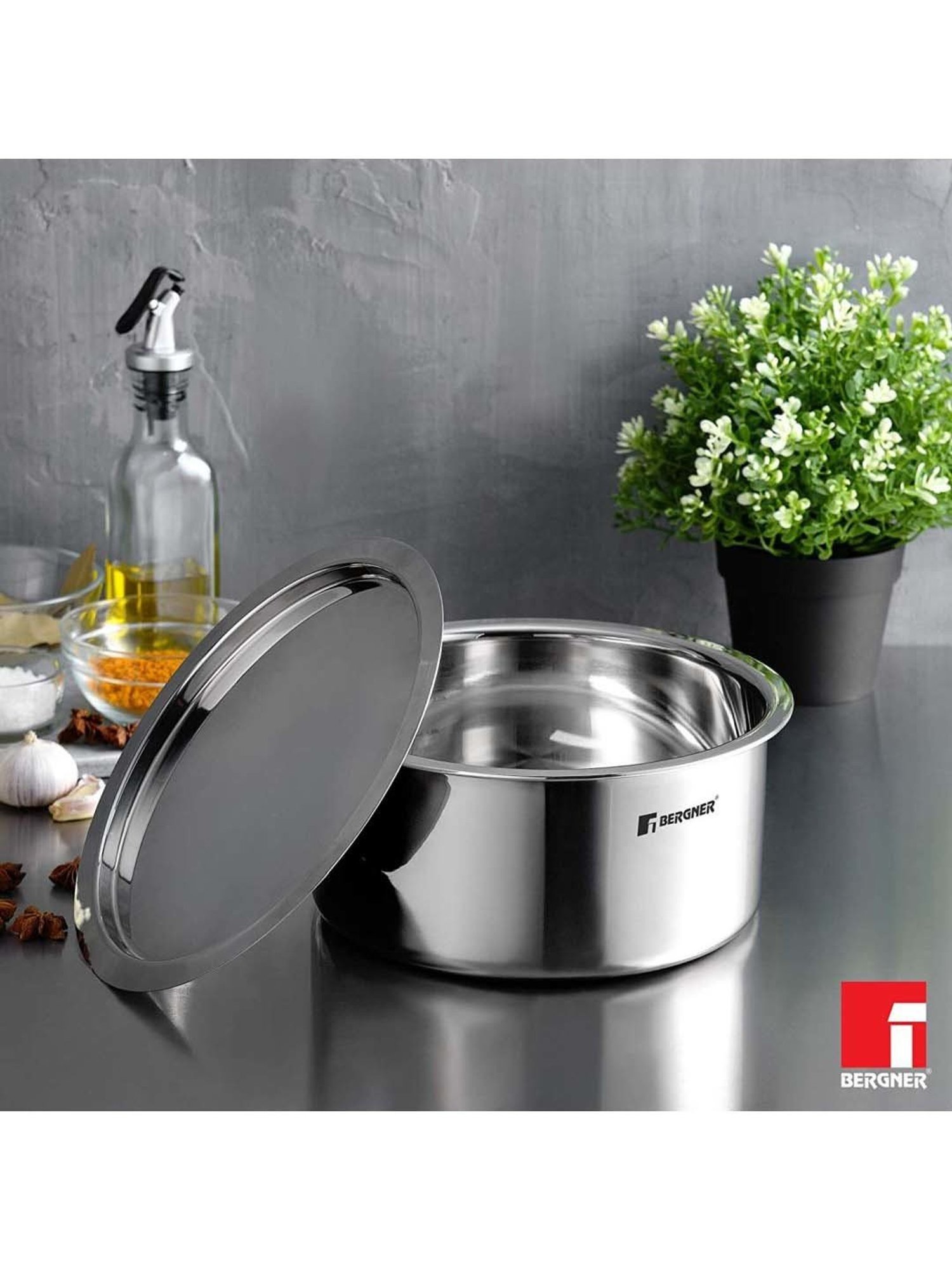 Bergner Argent Triply Silver Stainless Steel 14 cm Induction Patila Pot With Lid (1 L)