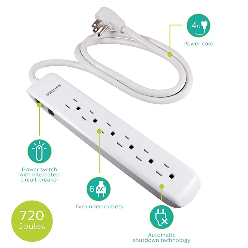 6 Outlet Power Strip Surge Protector, 4ft Power Cord, Flat Plug, Wall Mount, 720 Joules, ETL Listed, Circuit Breaker, Automatic Shutdown, White, SPP3064WE/37