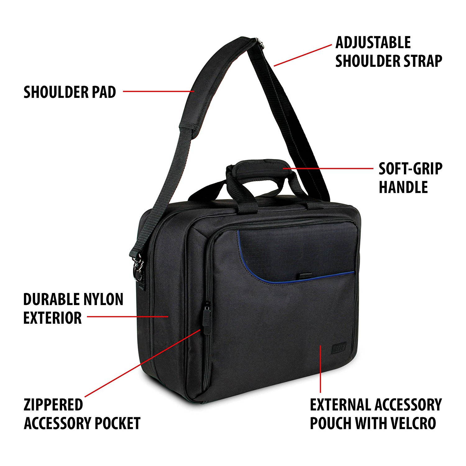 USA GEAR Console Carrying Case Compatible with Playstation 4 / PS4 Slim & PS4 Pro with Accessory Storage for Controllers, Cables, Headsets & Padded Shoulder Strap - Fits All PS4 & PS3 Models - Blue