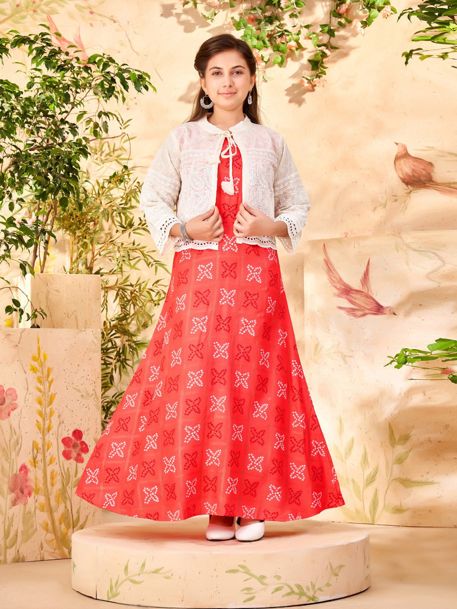 Aarika Girls Coral & Cream Embroidered Dress with Jacket