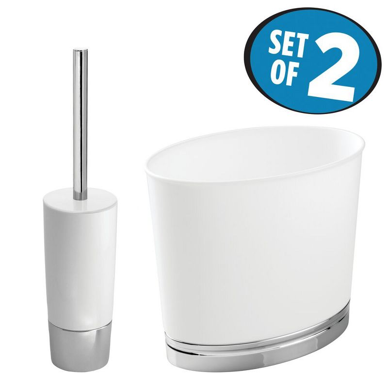 mDesign 2 Piece Plastic Bathroom Set, Bowl Brush and Trash Can - White/Chrome