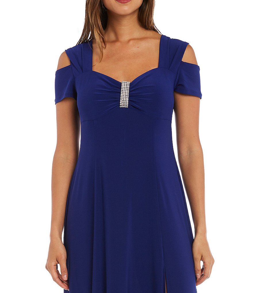 R & M Richards Rhinestone-Trim Cold-Shoulder Matte Jersey Gown